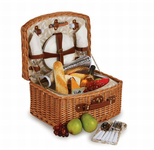 Handwoven Honey Willow Insulated Vine Pattern Picnic Basket for 2 w/ Accessories