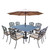 11-Piece Black Aluminum Stackable Chair Patio Dining Set w/ Cream Cushions and Umbrella
