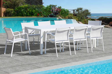 9 PC PATIO WHITE SANSTONE FINISH PASHA DINING SET 82.75" | Pool Central