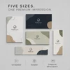 Five premium business card formats displayed in standard, European, compact, and slim proportions