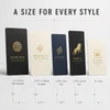 Five luxury business card sizes shown in USA Standard, European, Slim and compact formats