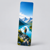 Rounded-corner custom bookmark featuring a hiker overlooking a blue mountain lake beneath a bright sky.