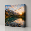 Premium custom canvas wall art featuring a stunning mountain lake landscape with snow-capped peaks and golden sunset reflections. Displayed in a luxury light gray studio background with a clean, modern, minimalist style. High-quality gallery-wrapped canvas print with realistic texture, elegant presentation, and professional home or office décor appeal.