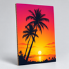 Custom printed cardboard sign featuring a vivid tropical sunset and palm tree design on a white background.