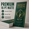 Stack of premium 16 pt. matte club flyers featuring a green and gold Midnight Sessions jazz event design.