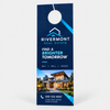 Blue custom real estate door hanger featuring a modern home photo and circular die-cut opening.