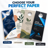 Four printed door hangers displaying gloss, uncoated, recycled matte, and premium matte paper options.