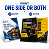 Real estate and fitness flyers illustrating full-color front-only and full-color double-sided printing options.