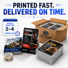 Packaged stacks of real estate, fitness, and restaurant flyers beside a Link Printers shipping box and a 2–4-business-day production notice.