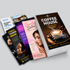 Stacks of full-color custom flyers featuring coffee shop, beauty salon, fitness, music festival, and real estate designs.