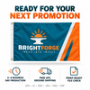 Blue and orange Brightforge custom flag banner with production, ground-shipping, and print-ready file-check information.