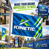 Blue and green Kinetic custom flag banners displayed at storefronts, trade shows, festivals, and sporting events.