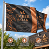 Black and copper Ember and Oak double-sided custom flag banners displayed outside a coffee shop.