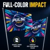 Two colorful Pulse Fest spirit flags demonstrating double-sided printing and vibrant dye-sublimated graphics.