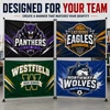Four custom breakaway banners featuring Panthers, Eagles, Westfield, and Northway Wolves team designs.