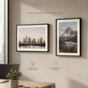 Landscape and portrait framed photo prints displayed as coordinated office wall art