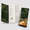 Open and folded Bella Tavola Italian restaurant mini menus featuring a dark green botanical design, pasta photography, and organized menu sections.