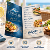 Tide & Tail seafood mini menu featuring food photography, menu selections, and a 10-percent-off coupon designed to encourage repeat orders.