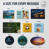 Collection of custom postcard magnets in rectangular, square, circular, and oval shapes, with multiple sizes and optional rounded corners.