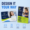 Horizontal dental and vertical fitness postcard magnets illustrating customizable orientations, square formats, and rounded-corner options.