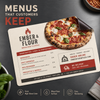 Glossy Ember & Flour pizzeria menu magnet featuring a pizza image, menu prices, ordering details, and a lifted magnetic corner.