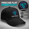 Black twill cap with precise flat embroidery, four thread colors, and included digitization.