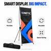 Portable Kinetic Studio X-frame banner stand with travel bag and icons highlighting its reusable, space-saving design.