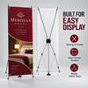 Front and rear views of a hotel X-frame banner highlighting its strong frame, four-corner tension system, and stable indoor base.