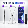 Three-step X-frame banner setup showing the stand folded, unfolded, and fitted with a custom Vantage event banner.
