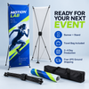 Complete X-frame banner package with a Motion Lab printed graphic, folding stand, rolled banner, and black travel bag.