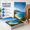 Stack of tropical travel posters beside packaging, highlighting 2–4 business day production and print-ready file checking.