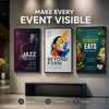 Three framed event posters advertising a jazz night, contemporary art exhibition, and street food festival.