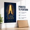 The Last Light theater poster displayed beside shipping packaging with callouts for full-color printing, 2–4 business-day production, and UPS Ground shipping.