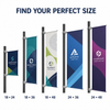 Five custom pole banners displayed on mounting poles in different sizes, ranging from 18 × 24 to 24 × 48 inches.