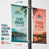 Double-sided Harbor View festival pole banner showing turquoise live-music artwork and coral food-and-fun artwork.