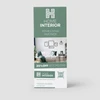 Green Home Interior RIP Card with a living-room photo, 25% discount offer, QR code, and perforated business card.
