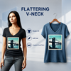 Woman wearing a black custom V-neck T-shirt beside a blue printed V-neck shirt