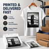 Custom printed white T-shirt with packaged orders ready for fast production and delivery