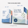 Wellness-themed staggered cut flyers shown in 6 × 9-inch and 8.5 × 11-inch sizes with three to eight pages.
