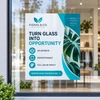 Signal and Co. botanical window cling with blue branding and promotional text displayed on office glass.