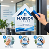 House-shaped Harbor Homes window cling being smoothed onto glass with three illustrated installation steps below.