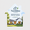 House-shaped Northline Homes window decal featuring a residential property image and 4 mil white vinyl product text.
