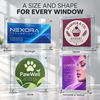 Rectangle, square, circle, horizontal, and vertical perforated window decal designs displayed on clear glass panels.