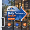 Blue and orange arrow-shaped Northline Market window decal directing customers inside through a storefront entrance.