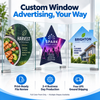 Oval, star, and house-shaped custom window decals featuring restaurant, event studio, and home-services designs on glass panels.