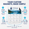Four-step magnetic calendar ordering process showing artwork upload, file review, professional printing, and delivery.