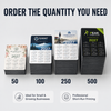 Stacks of custom 2027 magnetic calendars showing available order quantities of 50, 100, 250, and 500.