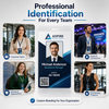Custom employee identification tag surrounded by examples for corporate teams, events, schools, and membership programs.