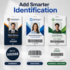 Three personalized identification tags demonstrating consecutive numbering, barcode printing, and combined numbering with barcoding.