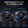 Multi-color metallic Akuafoil Business Cards with square and rounded corners on a dark background